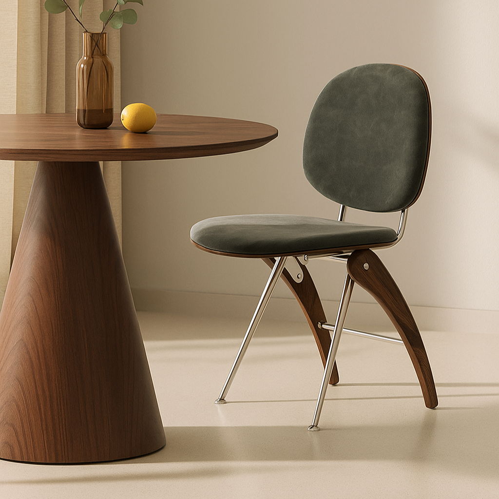 DFM-Chair-BM01732-1.png Modern Mid-Century Leather, Wood & Stainless Steel Round Dining Chair For Bedroom, Living Room & Dining Room - Image 1