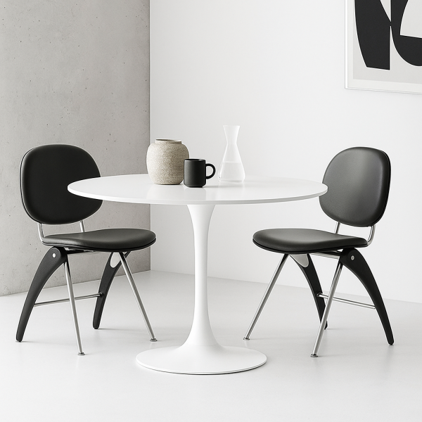 Modern Mid-Century Leather, Wood & Stainless Steel Round Dining Chair For Bedroom, Living Room & Dining Room - Image 3