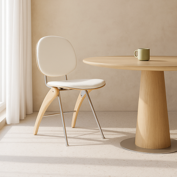 Modern Mid-Century Leather, Wood & Stainless Steel Round Dining Chair For Bedroom, Living Room & Dining Room - Image 2