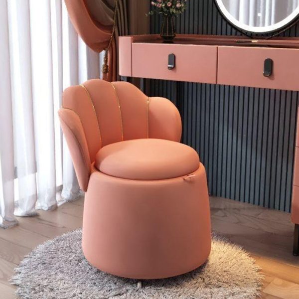 Contemporary Nordic Velvet & Wood Petal-Shaped Round Vanity Stool With 1-Storage For Bedroom & Living Room - Image 12