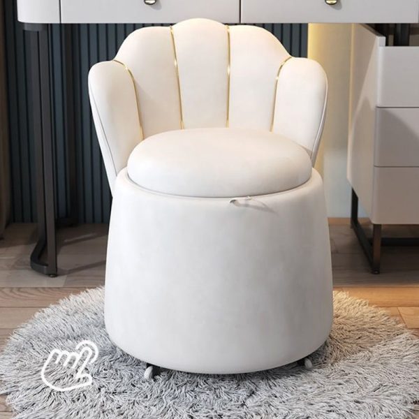 Contemporary Nordic Velvet & Wood Petal-Shaped Round Vanity Stool With 1-Storage For Bedroom & Living Room - Image 7