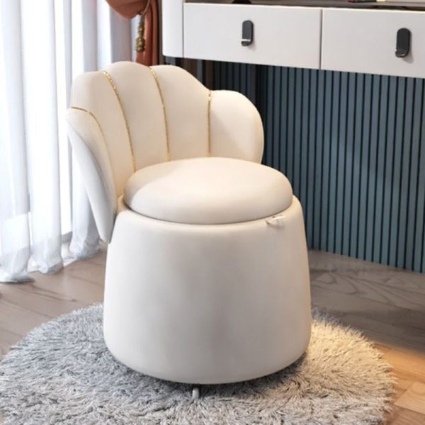 Contemporary Nordic Velvet & Wood Petal-Shaped Round Vanity Stool With 1-Storage For Bedroom & Living Room - Image 9