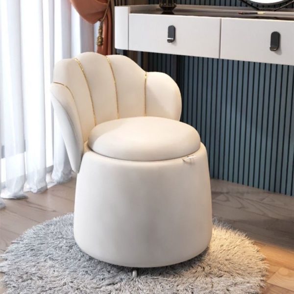 Contemporary Nordic Velvet & Wood Petal-Shaped Round Vanity Stool With 1-Storage For Bedroom & Living Room - Image 3