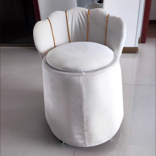 Contemporary Nordic Velvet & Wood Petal-Shaped Round Vanity Stool With 1-Storage For Bedroom & Living Room - Image 17