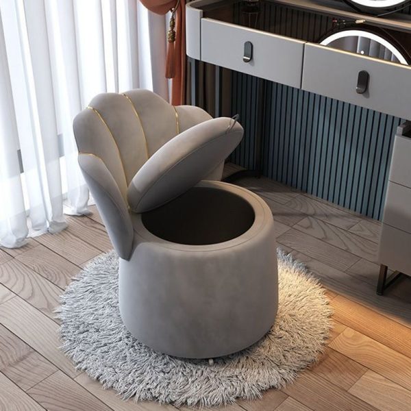 Contemporary Nordic Velvet & Wood Petal-Shaped Round Vanity Stool With 1-Storage For Bedroom & Living Room - Image 11
