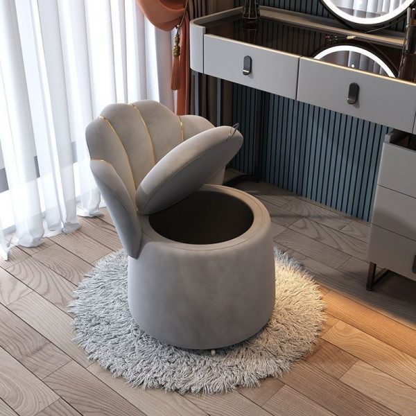 Contemporary Nordic Velvet & Wood Petal-Shaped Round Vanity Stool With 1-Storage For Bedroom & Living Room - Image 8