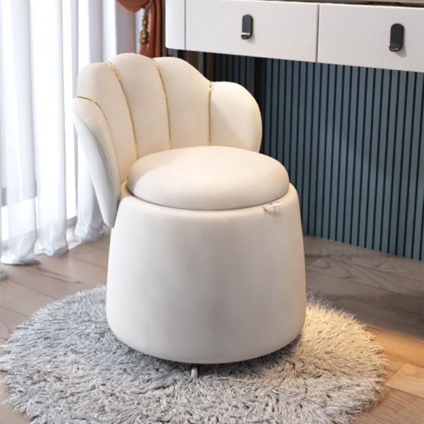 Contemporary Nordic Velvet & Wood Petal-Shaped Round Vanity Stool With 1-Storage For Bedroom & Living Room - Image 10