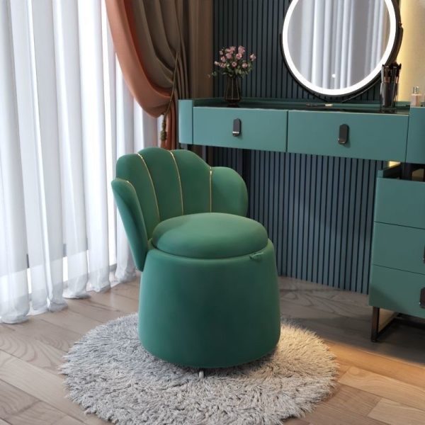 Contemporary Nordic Velvet & Wood Petal-Shaped Round Vanity Stool With 1-Storage For Bedroom & Living Room - Image 2