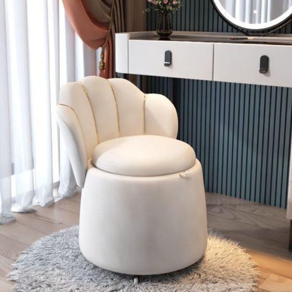 Contemporary Nordic Velvet & Wood Petal-Shaped Round Vanity Stool With 1-Storage For Bedroom & Living Room - Image 13