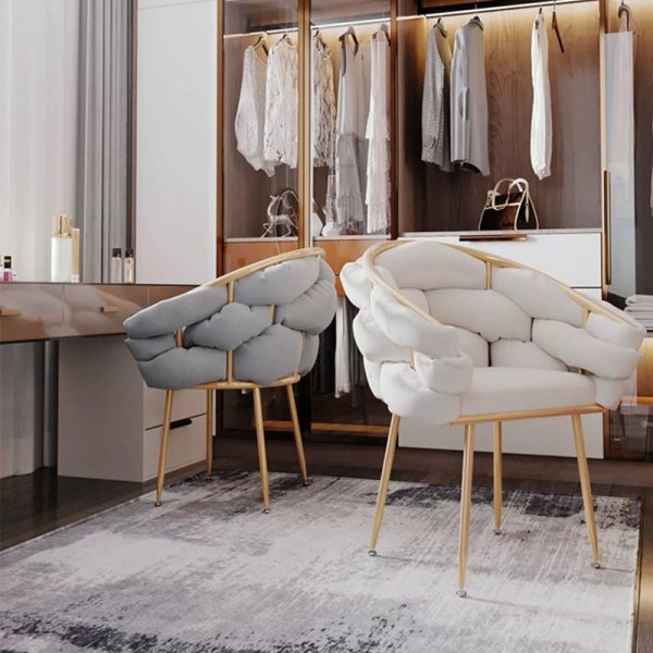 Contemporary Nordic Velvet & Metal Bubble Curved Vanity Stool With Adjustable Feet For Bedroom & Living Room - Image 2