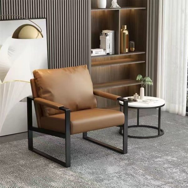 Contemporary Nordic Leather & Iron Square Accent Chair For Bedroom & Living Room - Image 2