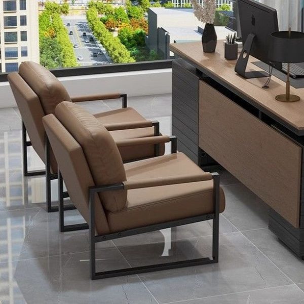 Contemporary Nordic Leather & Iron Square Accent Chair For Bedroom & Living Room - Image 3