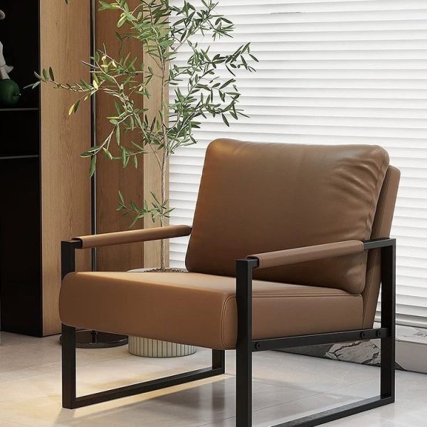 Contemporary Nordic Leather & Iron Square Accent Chair For Bedroom & Living Room - Image 12