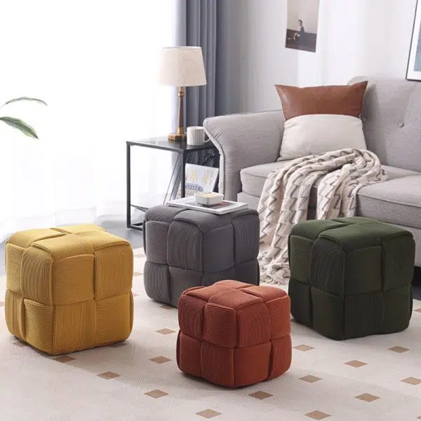 Contemporary Nordic Corduroy Wood Square Cube Low Stool With Anti-Slip Feet For Bedroom & Living Room - Image 16