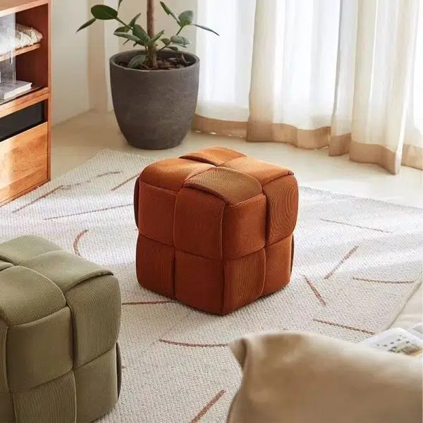 Contemporary Nordic Corduroy Wood Square Cube Low Stool With Anti-Slip Feet For Bedroom & Living Room