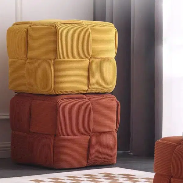 Contemporary Nordic Corduroy Wood Square Cube Low Stool With Anti-Slip Feet For Bedroom & Living Room - Image 2
