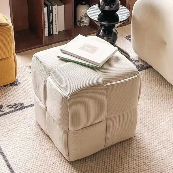 Contemporary Nordic Corduroy Wood Square Cube Low Stool With Anti-Slip Feet For Bedroom & Living Room - Image 9
