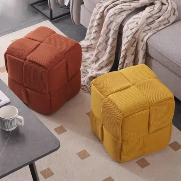 Contemporary Nordic Corduroy Wood Square Cube Low Stool With Anti-Slip Feet For Bedroom & Living Room - Image 3