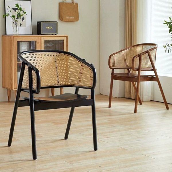 Traditional Vintage Rattan, Ash & Rubber Wood Curved Trapezoidal Dining Chair For Bedroom, Living Room & Dining Room - Image 2