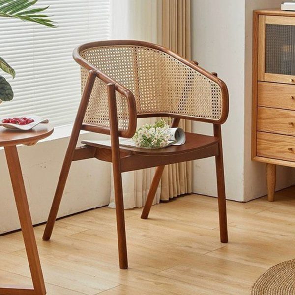 Traditional Vintage Rattan, Ash & Rubber Wood Curved Trapezoidal Dining Chair For Bedroom, Living Room & Dining Room - Image 5