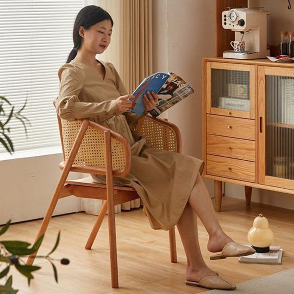 Traditional Vintage Rattan, Ash & Rubber Wood Curved Trapezoidal Dining Chair For Bedroom, Living Room & Dining Room - Image 6