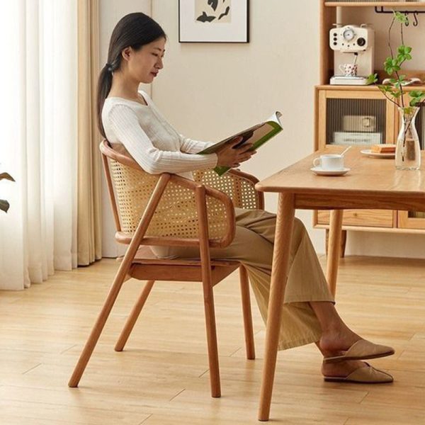 Traditional Vintage Rattan, Ash & Rubber Wood Curved Trapezoidal Dining Chair For Bedroom, Living Room & Dining Room - Image 7