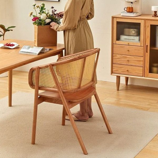 Traditional Vintage Rattan, Ash & Rubber Wood Curved Trapezoidal Dining Chair For Bedroom, Living Room & Dining Room - Image 8