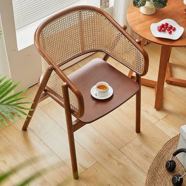 Traditional Vintage Rattan, Ash & Rubber Wood Curved Trapezoidal Dining Chair For Bedroom, Living Room & Dining Room - Image 3