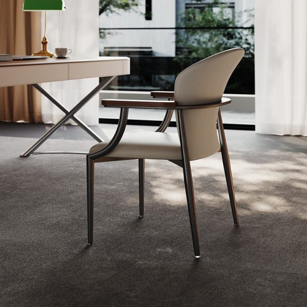 Contemporary Scandinavian Microfiber Leather Walnut Stainless Steel Curved Square Dining Chair With Backrest For Living Room & Dining Room - Image 3