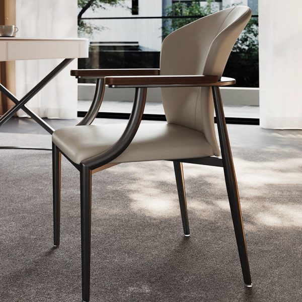 Contemporary Scandinavian Microfiber Leather Walnut Stainless Steel Curved Square Dining Chair With Backrest For Living Room & Dining Room - Image 15