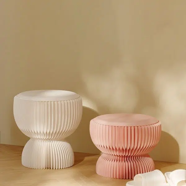 Contemporary Creative Leather Kraft Paper Round Cylinder Foldable Low Stool For Bedroom & Living Room - Image 3