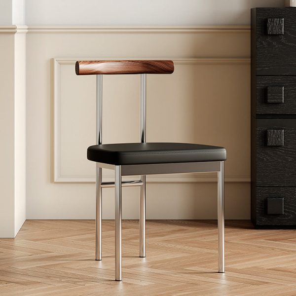 Contemporary Scandinavian Leather Metal Solid Wood Rounded Rectangular Dining Chair With Backrest For Dining Room - Image 10