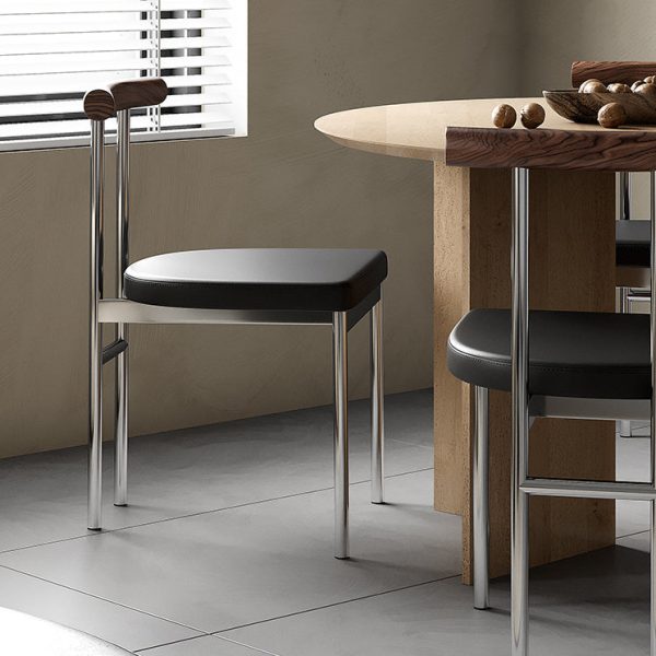Contemporary Scandinavian Leather Metal Solid Wood Rounded Rectangular Dining Chair With Backrest For Dining Room - Image 3