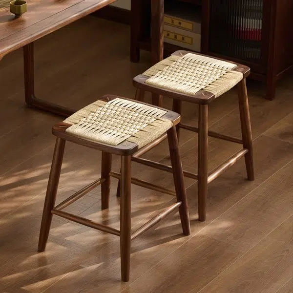 Contemporary Retro Kraft Paper Rope Cherry Wood Dining Chair Backless Armless For Dining Room - Image 17