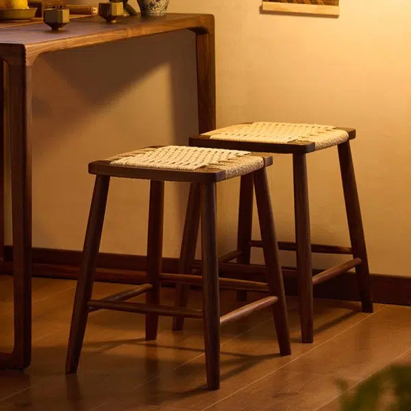 Contemporary Retro Kraft Paper Rope Cherry Wood Dining Chair Backless Armless For Dining Room - Image 15