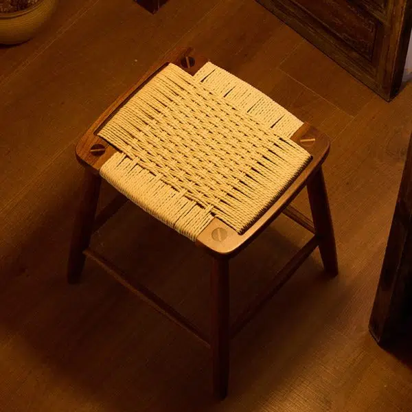 Contemporary Retro Kraft Paper Rope Cherry Wood Dining Chair Backless Armless For Dining Room - Image 11