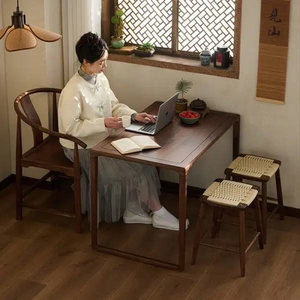 Contemporary Retro Kraft Paper Rope Cherry Wood Dining Chair Backless Armless For Dining Room - Image 12