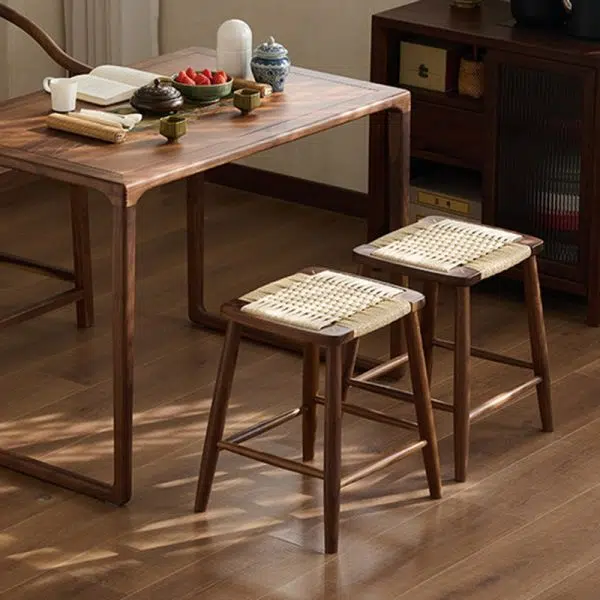 Contemporary Retro Kraft Paper Rope Cherry Wood Dining Chair Backless Armless For Dining Room - Image 3