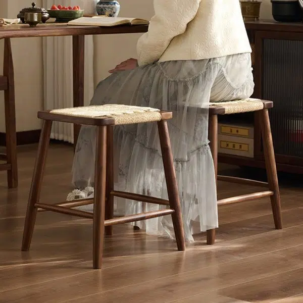 Contemporary Retro Kraft Paper Rope Cherry Wood Dining Chair Backless Armless For Dining Room - Image 13