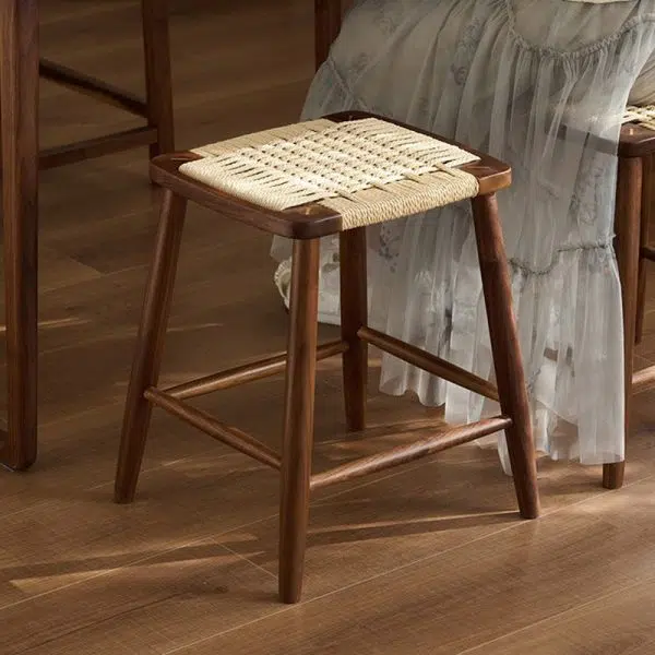 Contemporary Retro Kraft Paper Rope Cherry Wood Dining Chair Backless Armless For Dining Room - Image 20