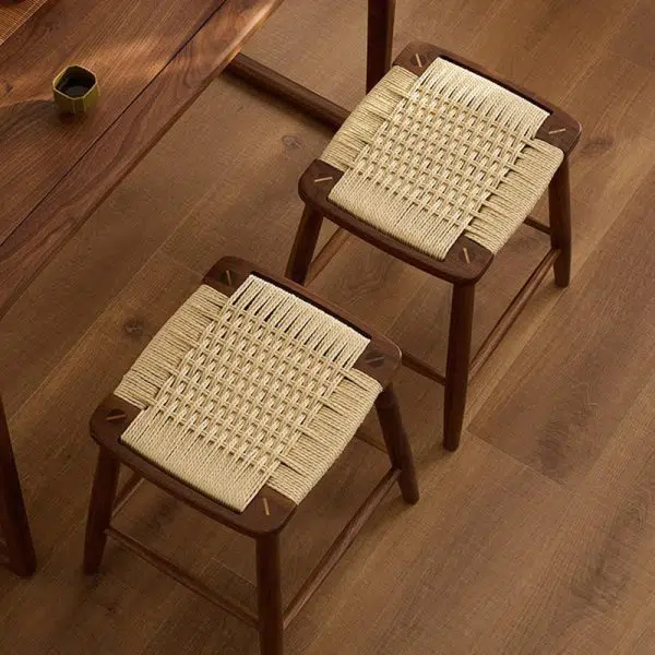 Contemporary Retro Kraft Paper Rope Cherry Wood Dining Chair Backless Armless For Dining Room - Image 19