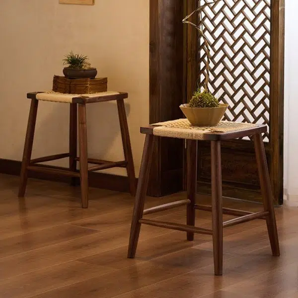 Contemporary Retro Kraft Paper Rope Cherry Wood Dining Chair Backless Armless For Dining Room - Image 14