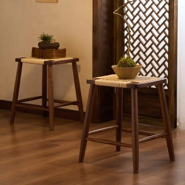 Contemporary Retro Kraft Paper Rope Cherry Wood Dining Chair Backless Armless For Dining Room - Image 2