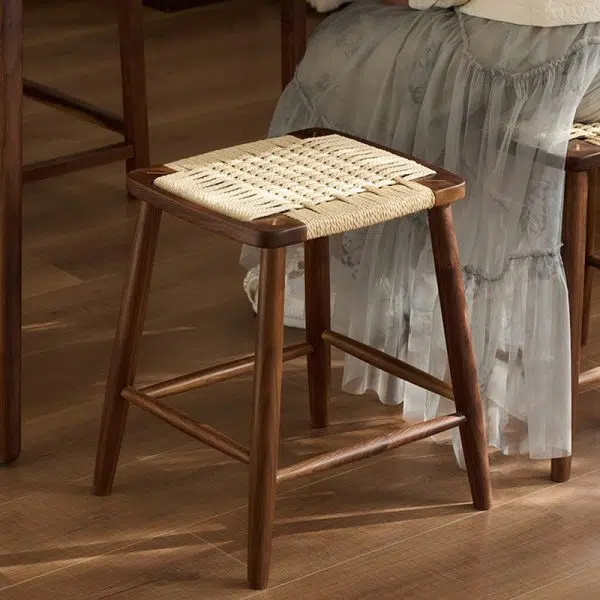 Contemporary Retro Kraft Paper Rope Cherry Wood Dining Chair Backless Armless For Dining Room - Image 16