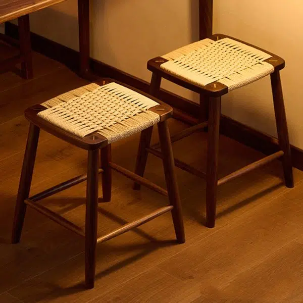 Contemporary Retro Kraft Paper Rope Cherry Wood Dining Chair Backless Armless For Dining Room - Image 18