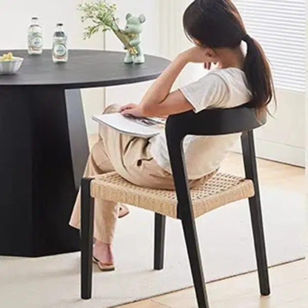 Contemporary Scandinavian Kraft Paper Rope Rubber Wood Dining Chair Backrest Armless For Dining Room - Image 19