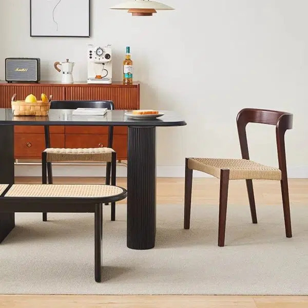 Contemporary Scandinavian Kraft Paper Rope Rubber Wood Dining Chair Backrest Armless For Dining Room - Image 3