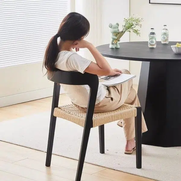 Contemporary Scandinavian Kraft Paper Rope Rubber Wood Dining Chair Backrest Armless For Dining Room - Image 17