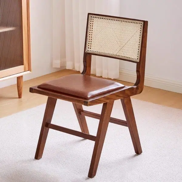 Contemporary Retro Leather Rubber Wood Rattan Dining Chair Backrest Armless For Dining Room - Image 17