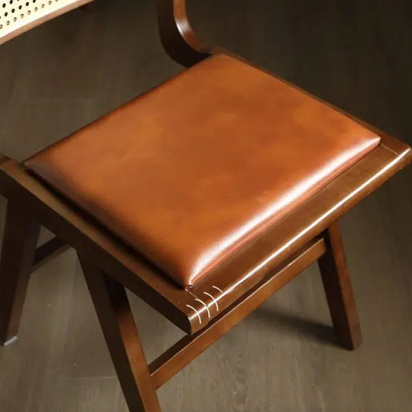 Contemporary Retro Leather Rubber Wood Rattan Dining Chair Backrest Armless For Dining Room - Image 5